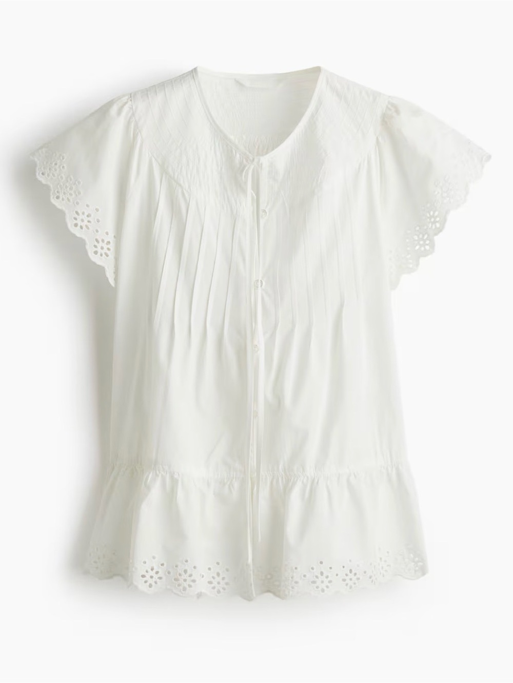 H&M White Eyelet-Sleeve Pintuck Cotton Blouse